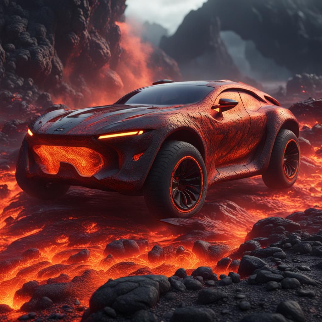 Futuristic Car Navigating Lava Flow: Detailed Matte Painting