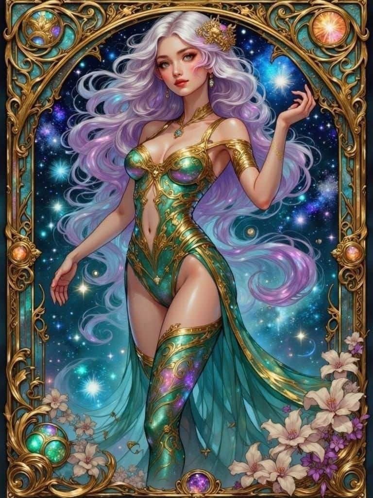 Mysterious woman with galaxy eyes amidst the stars