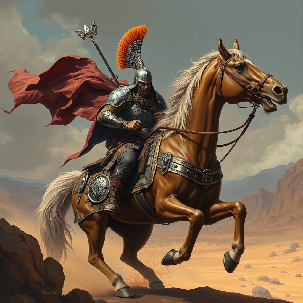 Armored Persian Warrior in Mythical Landscape