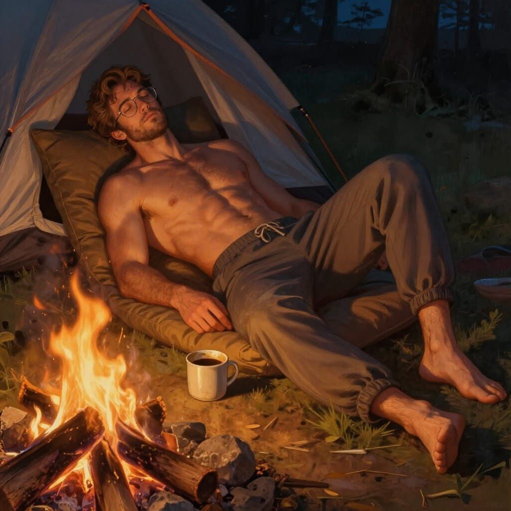 Fit Man Rests by Campfire in Hyperrealistic Digital Painting