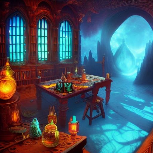 Fantasy Library with Magic Potions and Glowing Books