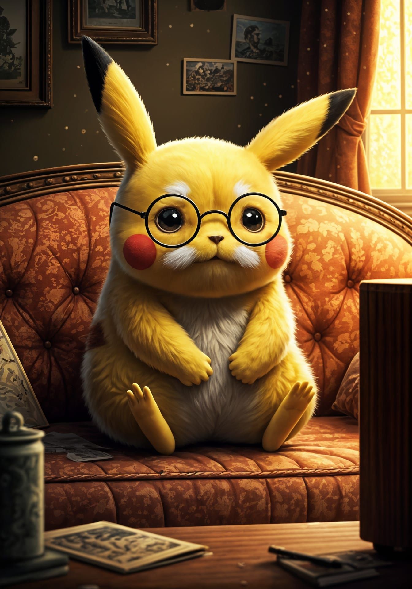 Vintage Grandpa Pikachu Enjoys Golden Hour on the Couch