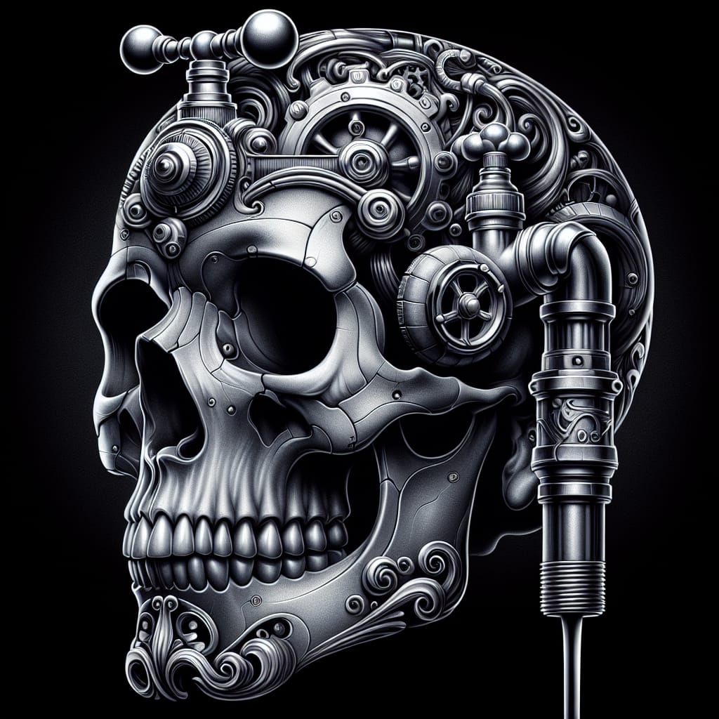 Steampunk Skull Faucet with Flowing Liquid
