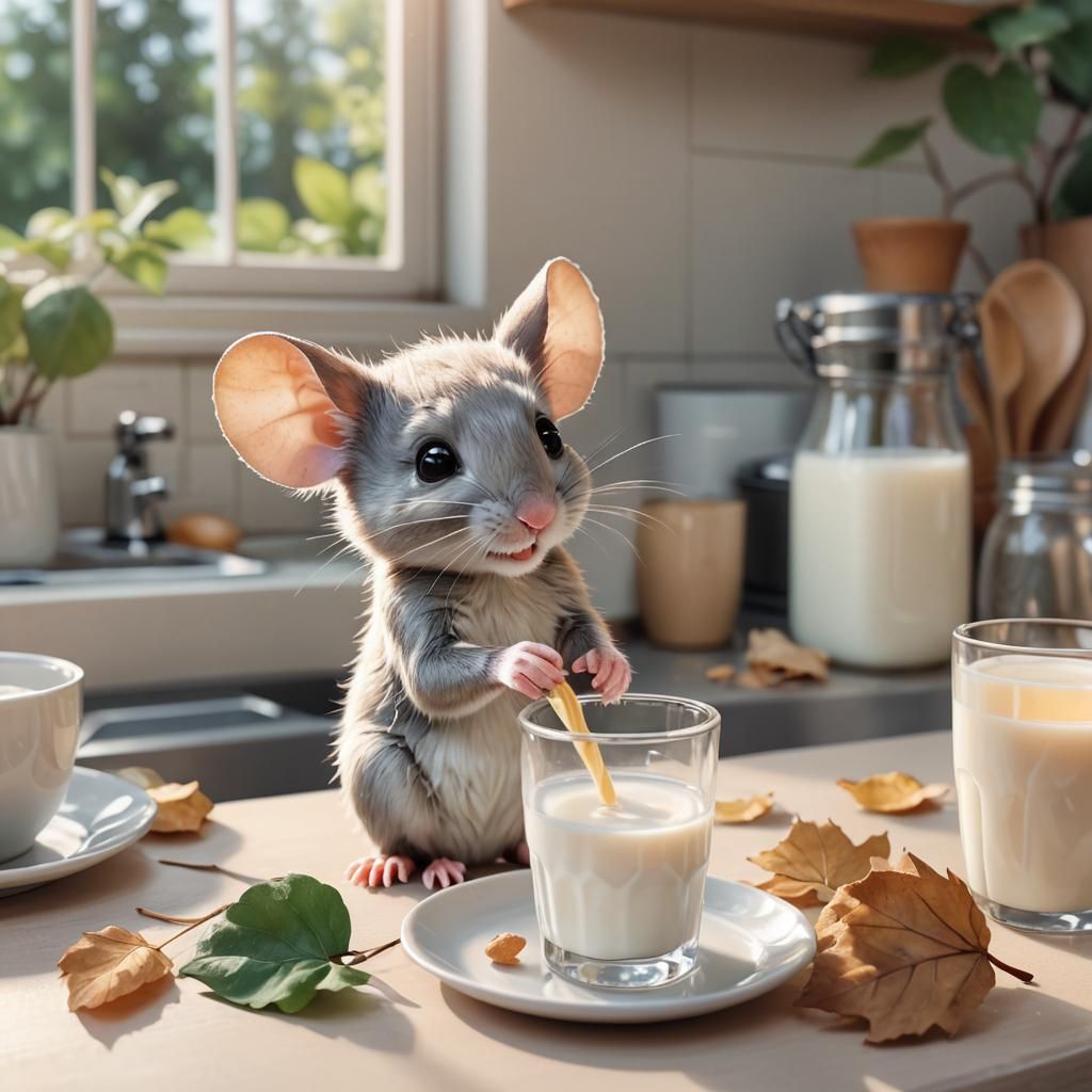Mouse Sipping Milk: 3D Anime Art in Pastel Colors