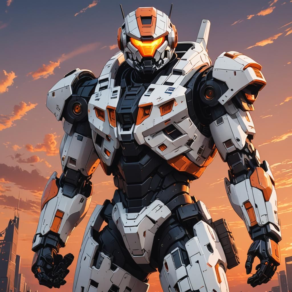 Anime Jaeger Robot with Glowing Visor in Sunset