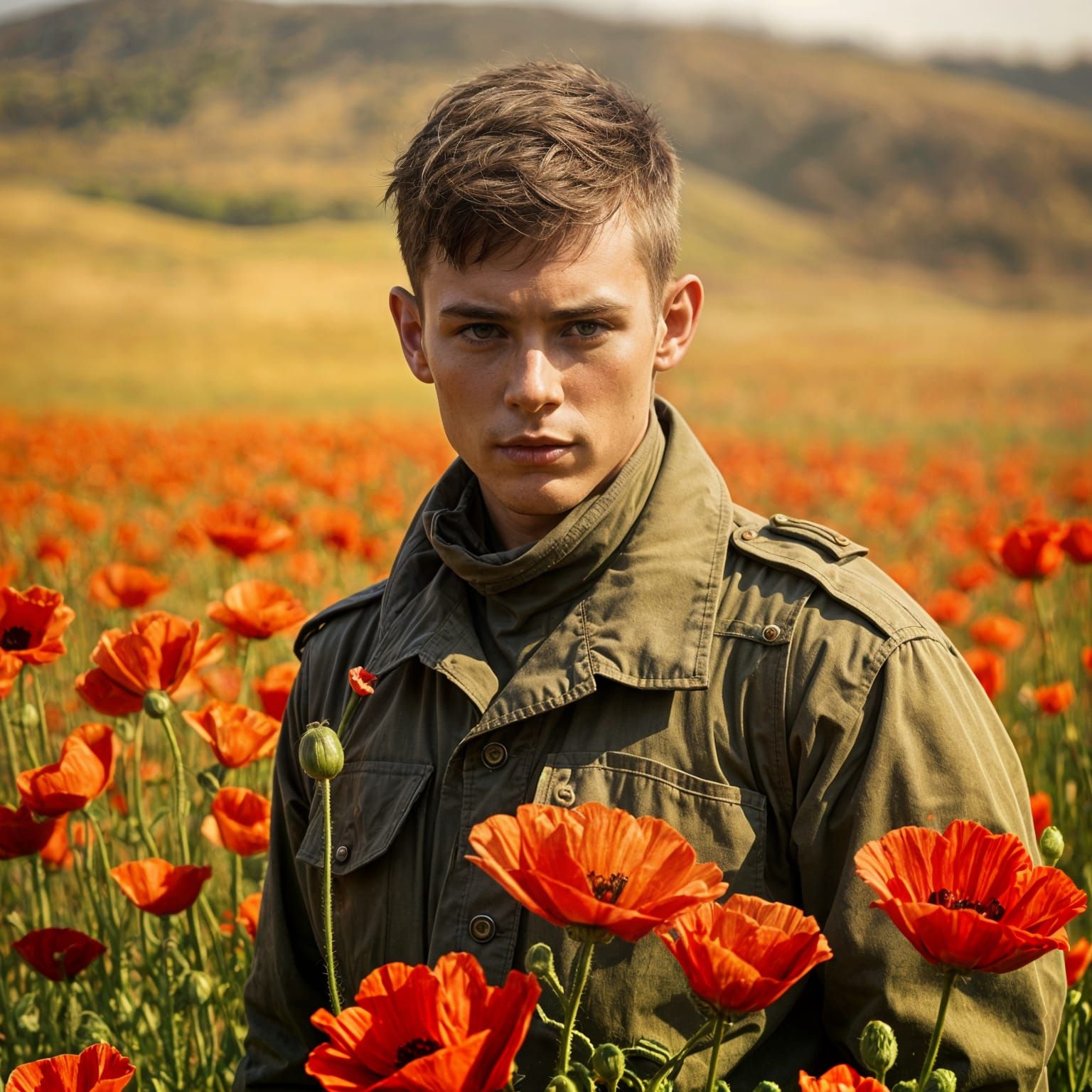 Hyper Realistic Soldier Amidst Vibrant Poppies in Sepia