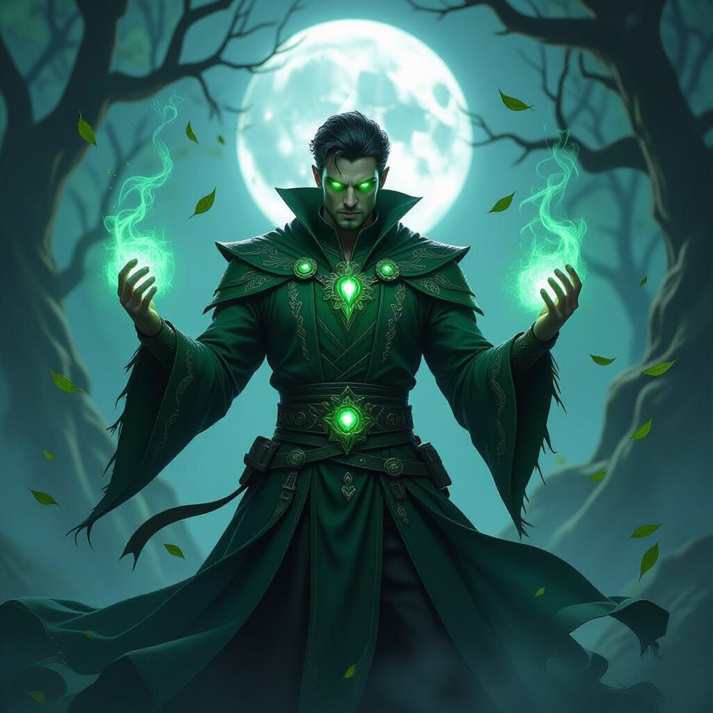 Green Mage in Battle Pose with Glowing Eyes