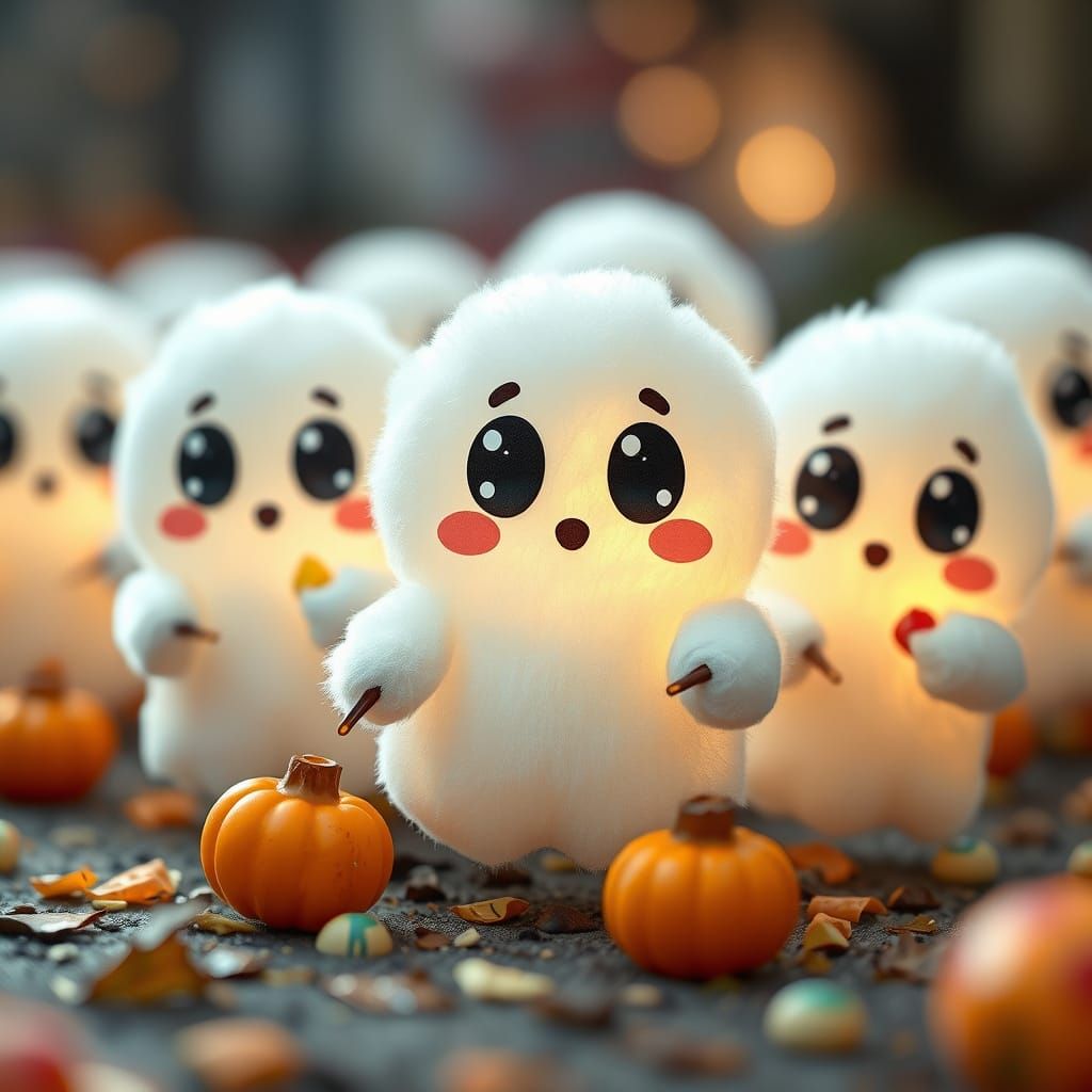 Adorable Chibi Candy Ghosts Trick-or-Treating with Bokeh