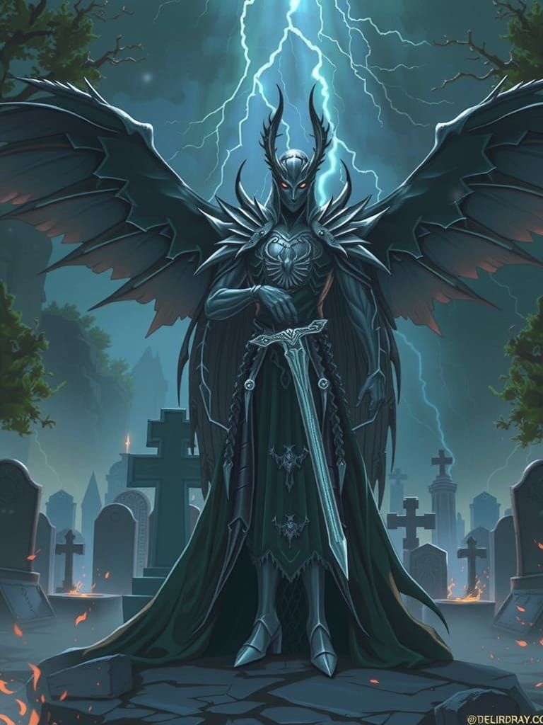 Shadow Angel in Stormy Cemetery, Gothic Art