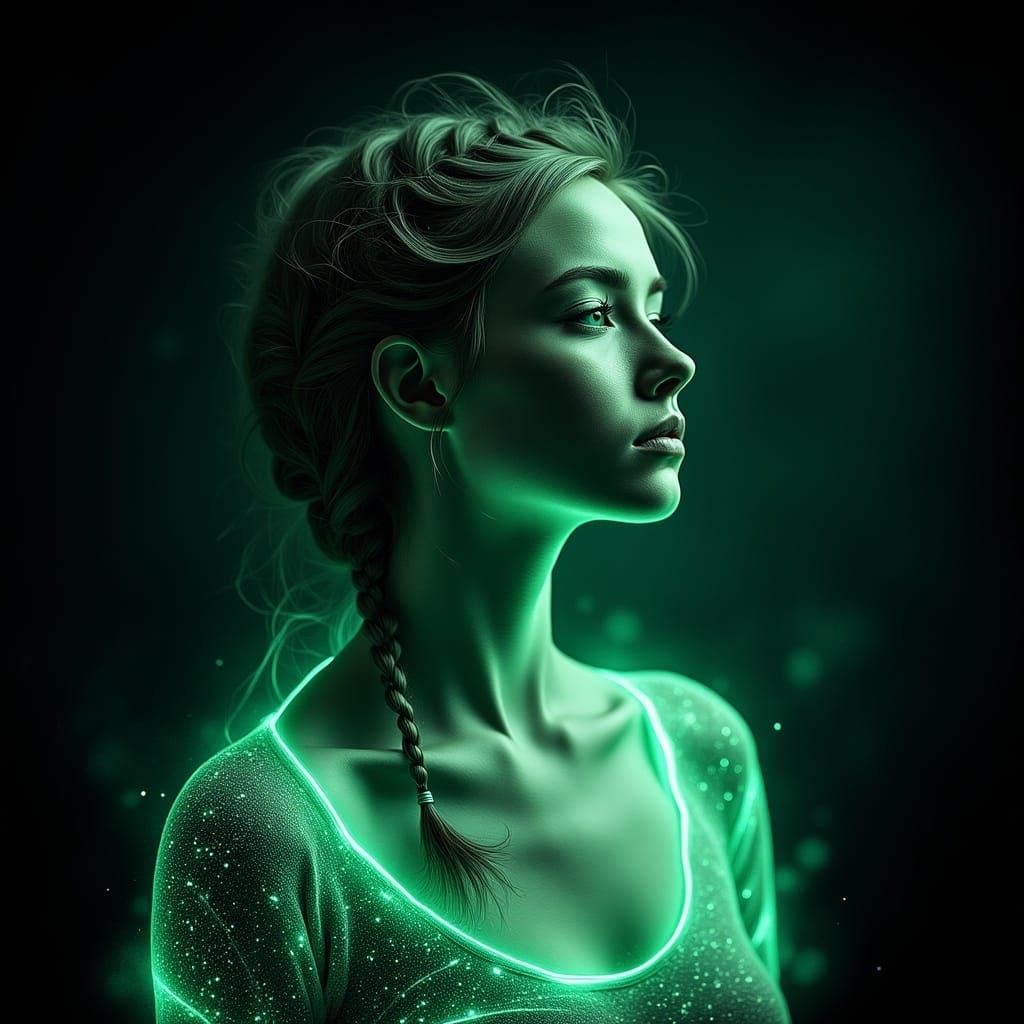 Ethereal Woman in Neon Green Light, Art Nouveau Style