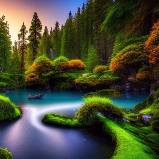 Enchanted Lake and Secret Garden in Golden Light