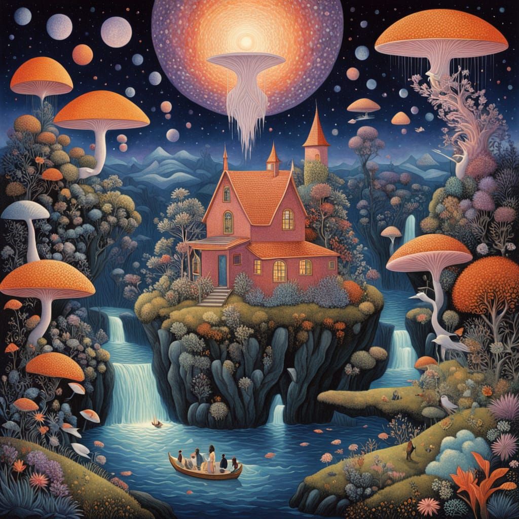 Gemstone House on Cosmic Islands with Iridescent Birds