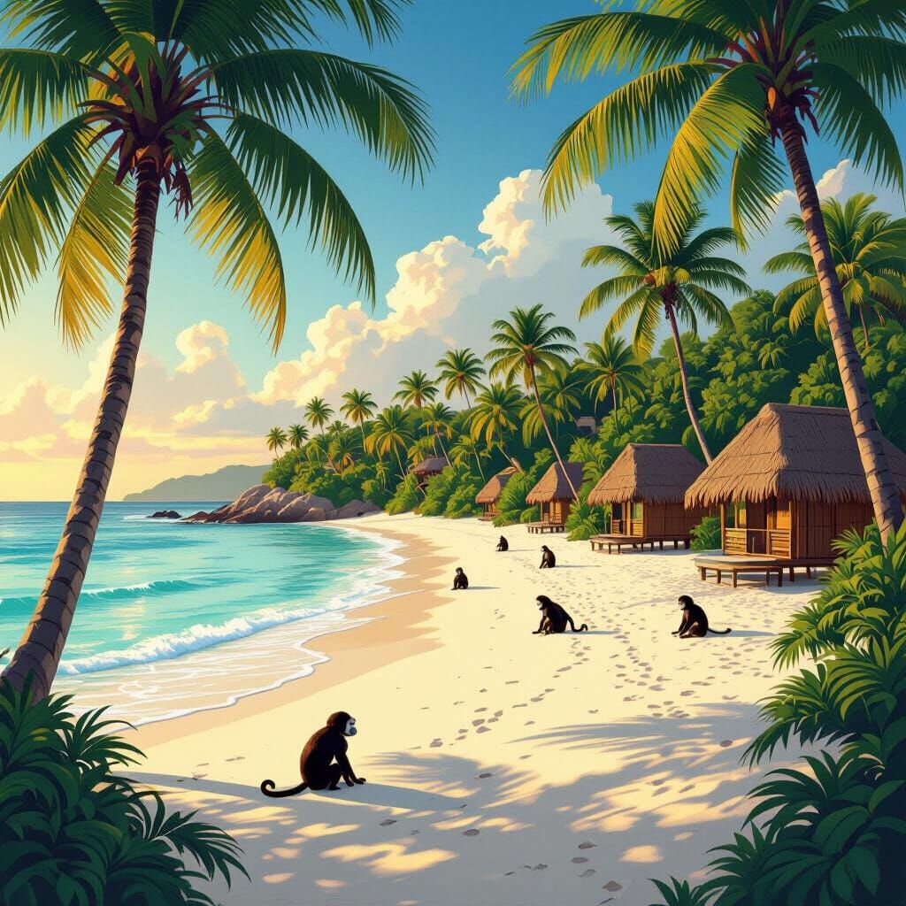 Tropical Beach Scene with Monkeys, Palm Trees, and Cabanas
