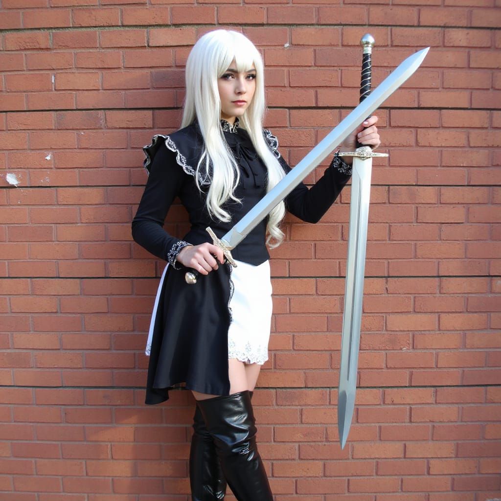Cosplayer with Silver Sword in Front of Brick Wall