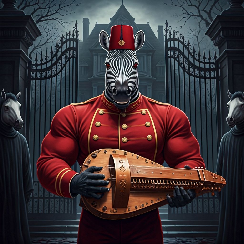 Anthropomorphic Zebra Plays Hurdy-Gurdy, Detailed Digital Ar...