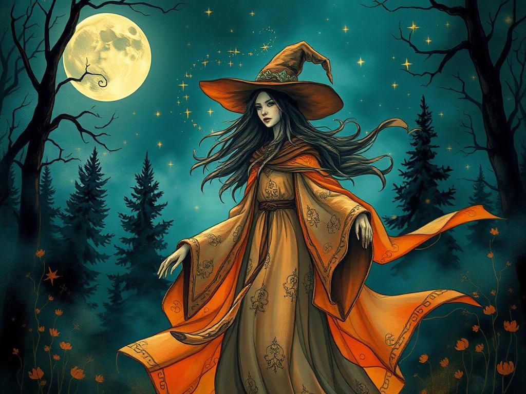Mystical Witch in Forest, Concept Art Style