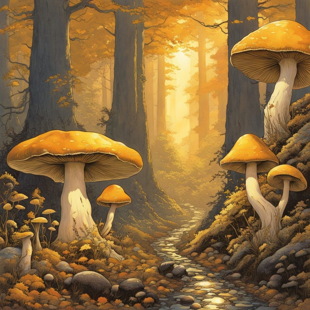 Whimsical Autumn Mushrooms in Golden Oz Landscape