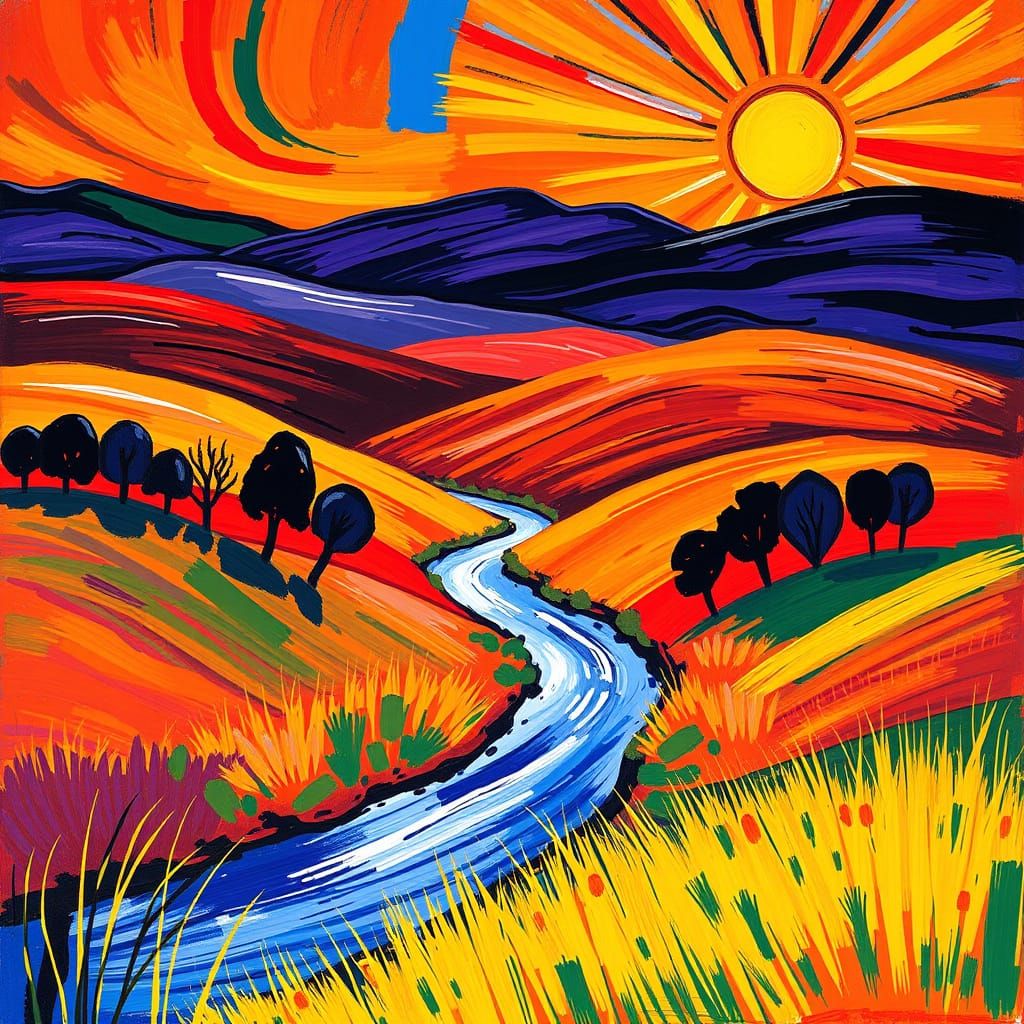 Vibrant Fauvist Landscape with Rolling Hills and Radiant Sun