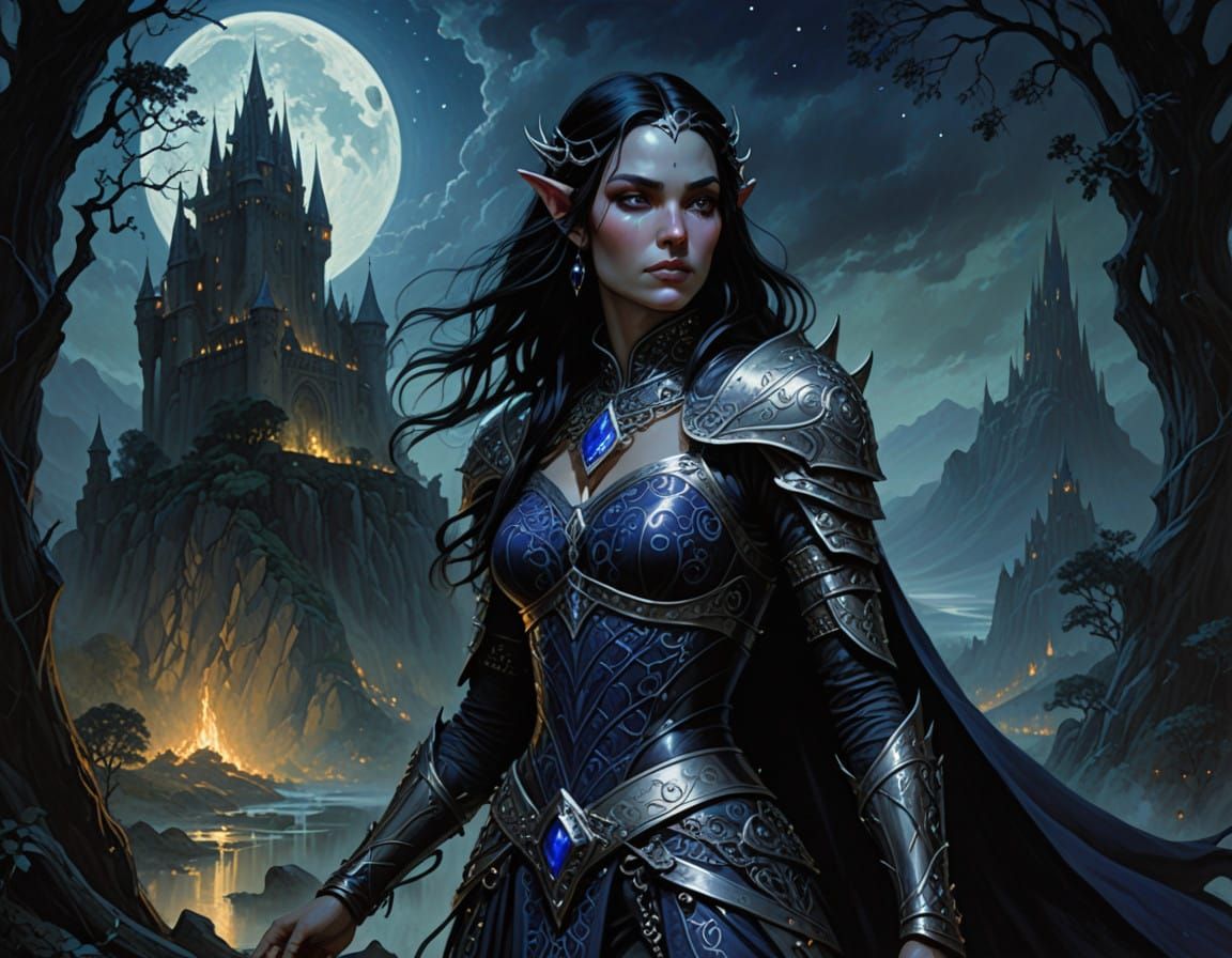 Luminous Drow Enchantress in Moonlit Castle