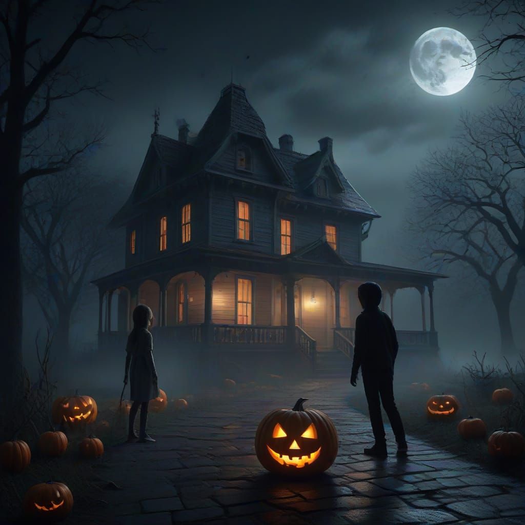 Children in Eerie Costumes Trick-or-Treat on Halloween Night