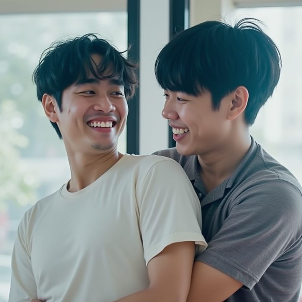 Vietnamese Men Share a Warm Embrace in City