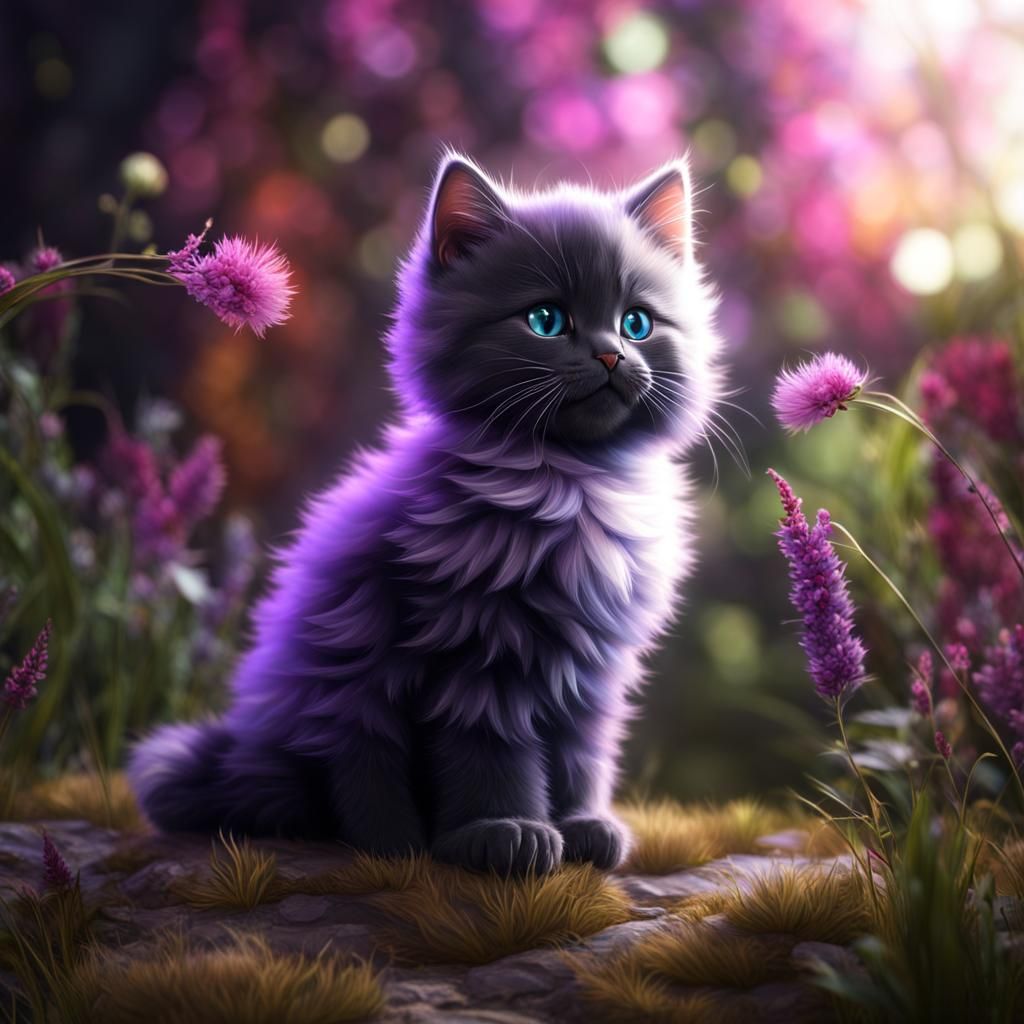 Fluffy Kitten with Silky Purple Fur, Digital Art