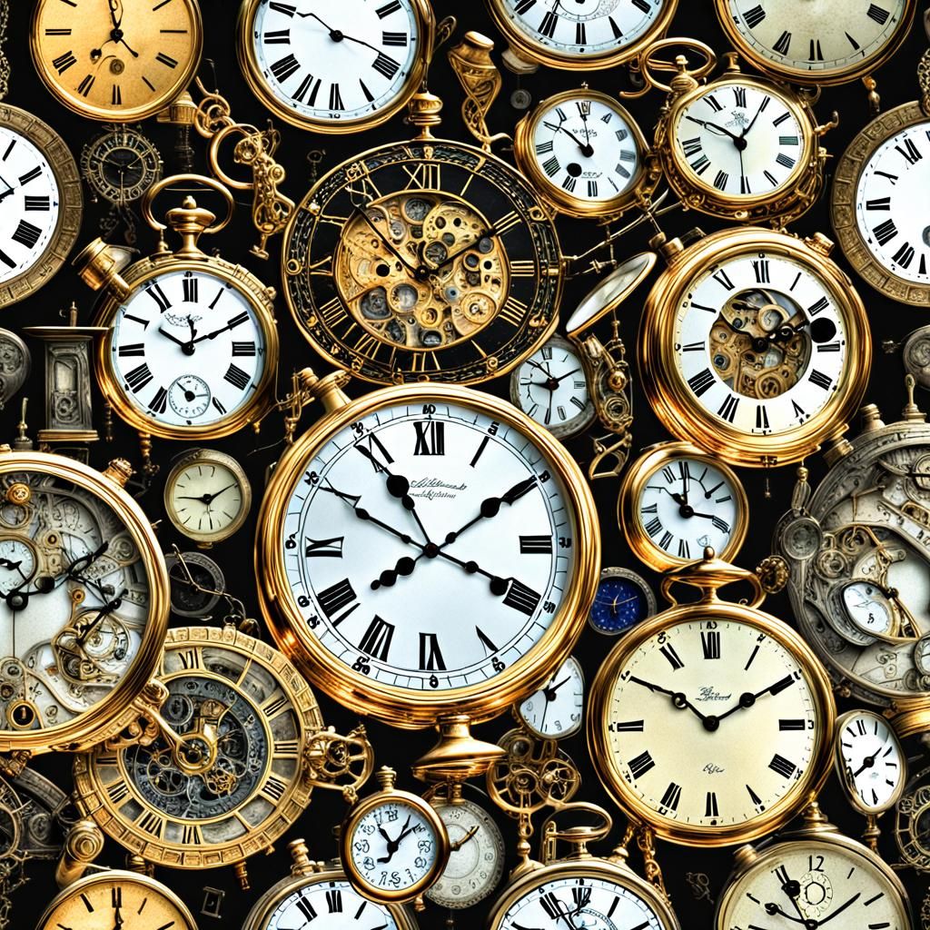 Hyperrealistic Jumble of Clocks and Watches