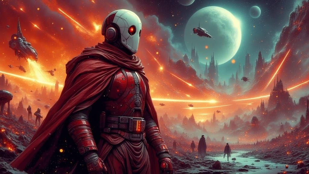 Dark Sith Lord in Crimson Armor Dominates a Desolate Apocaly...