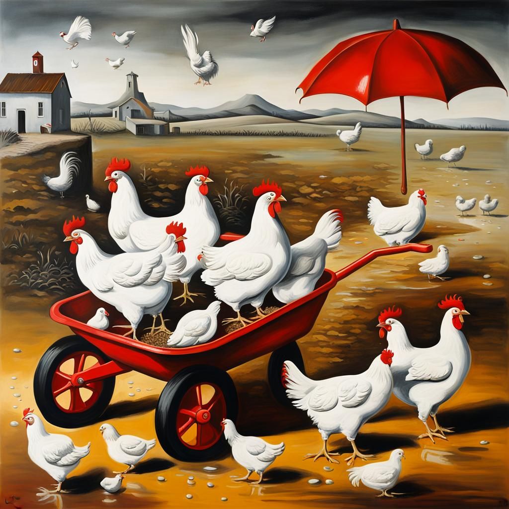 Surreal Red Wheelbarrow with Chickens, Dali Style