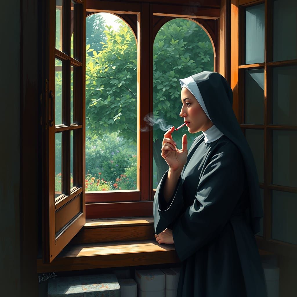 Serene Nun Leans Against Window, Smoking in Tranquil Convent...