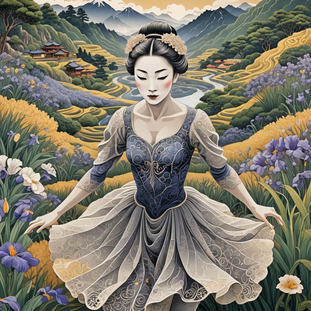 Ukiyo-e Ballerina in Zen Garden Landscape