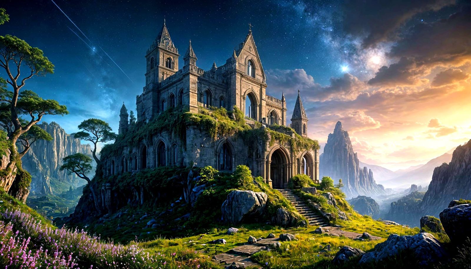 Nebula Over Ancient Elven Ruins: Cosmic Surrealism