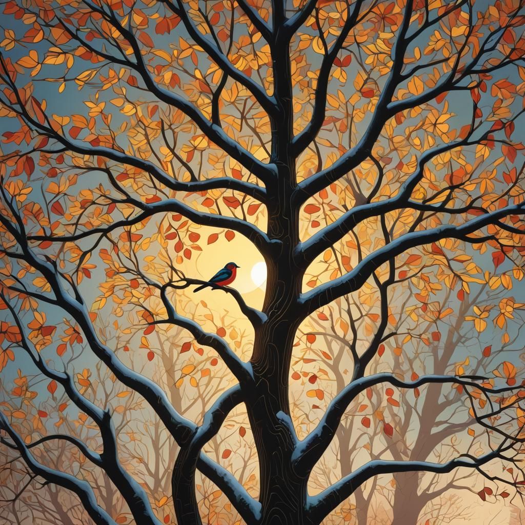 Winter Tree and Bird in Pop Art Style