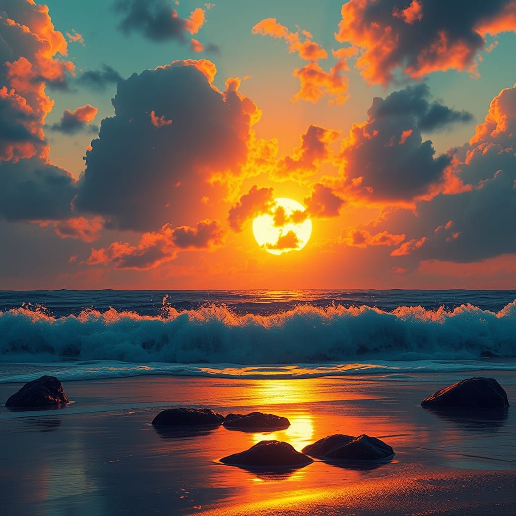 Warm Sunset Illuminates Beach Scene in Vibrant Triadic Color...