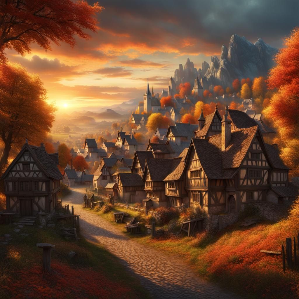 Epic Medieval Village Sunset Digital Matte Painting