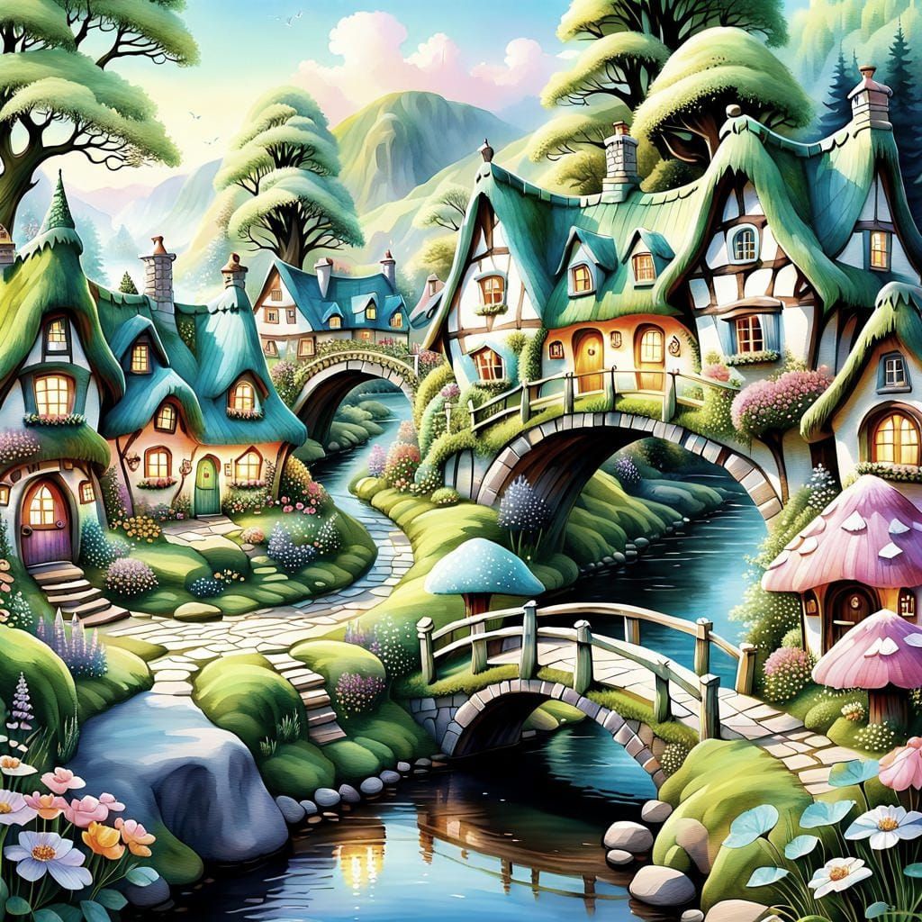 Elegant Fairy Village in Watercolor Style
