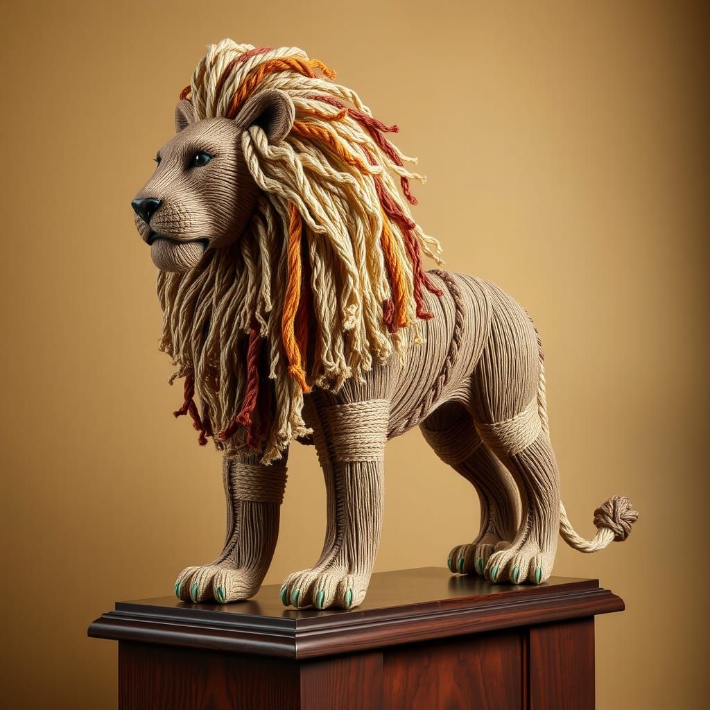 String Art Lion Sculpture on Wooden Pedestal