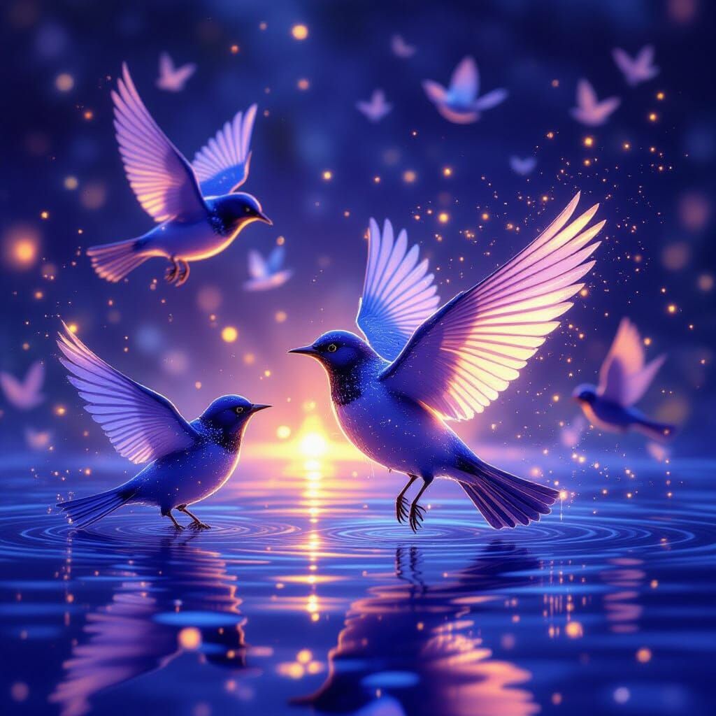 Twinkling Light Birds in Dark Fantasy Watercolor Style