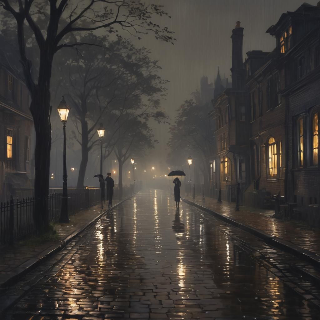 Victorian Nighttime River Walk in Expressionist Style