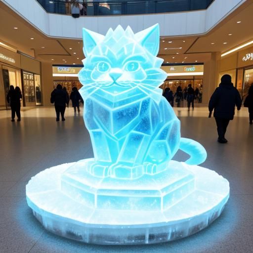 Ice Sculpture of a Cat in a Mall