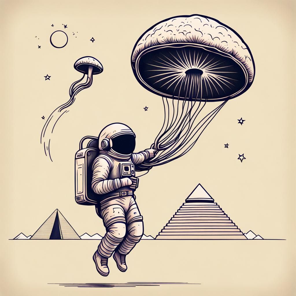 Minimalist Astronaut Mushroom Parachute Tattoo Design