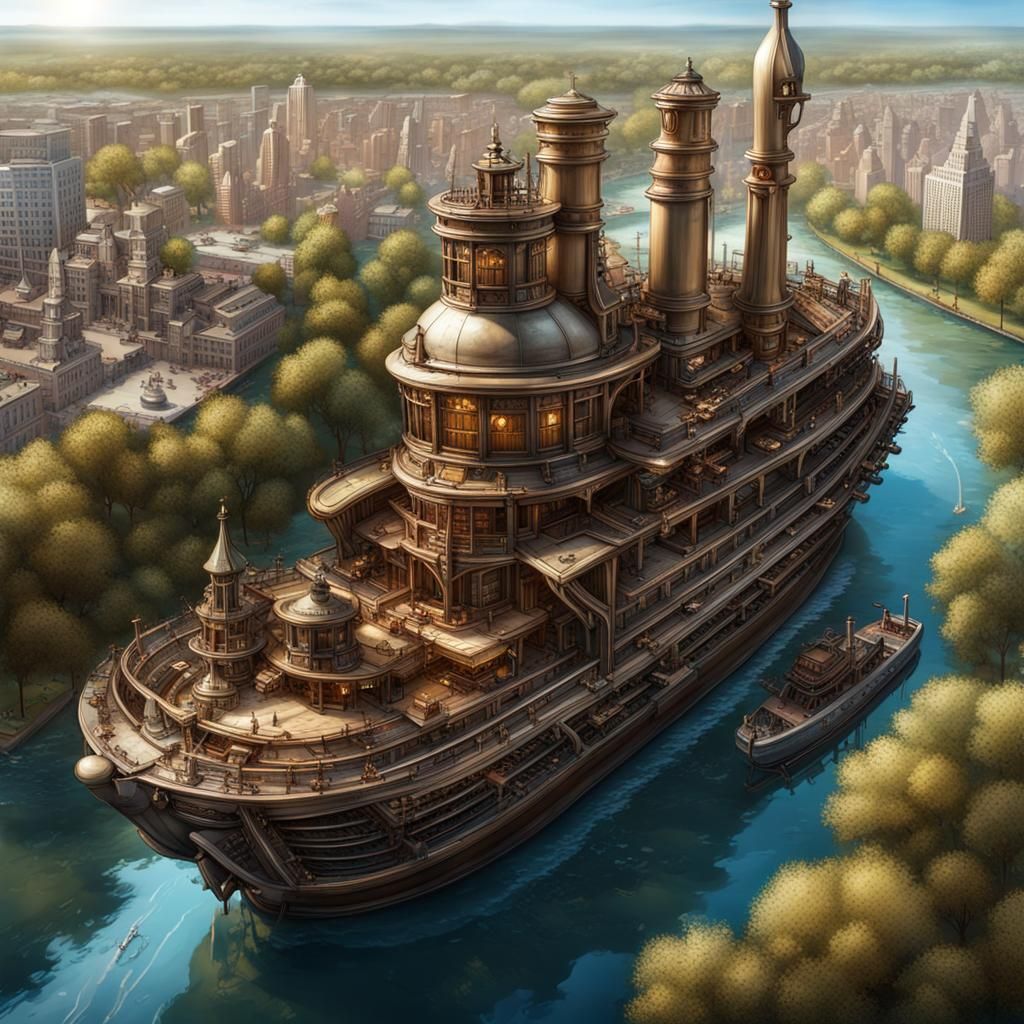 Gigantic Steampunk City-Boat with Central Park