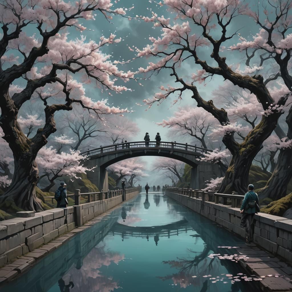 Cherry Blossom Bridge: Atmospheric Painting in Grays