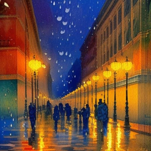 Rainy Budapest Gouache Painting in Impressionist Style