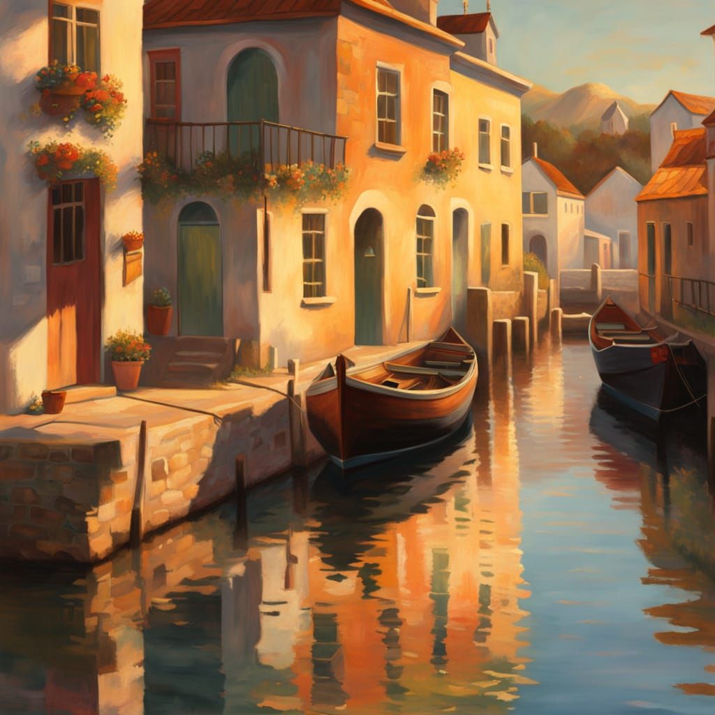 Golden Hour Harbor Town in Naive Painting Style
