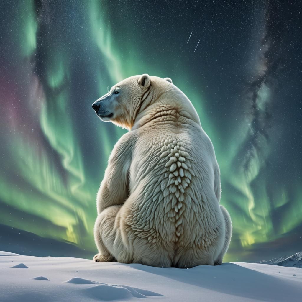 Polar Bear Gazing at Aurora in Blizzard