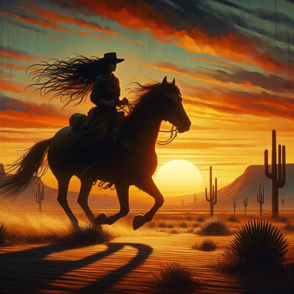 Cowgirl Against the Setting Desert Sunset