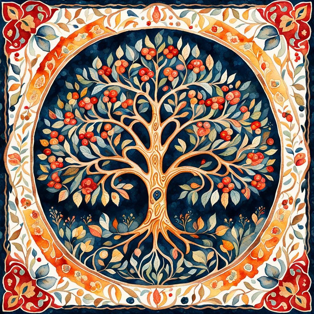 Khokhloma Tree of Life Carpet in Watercolor Style