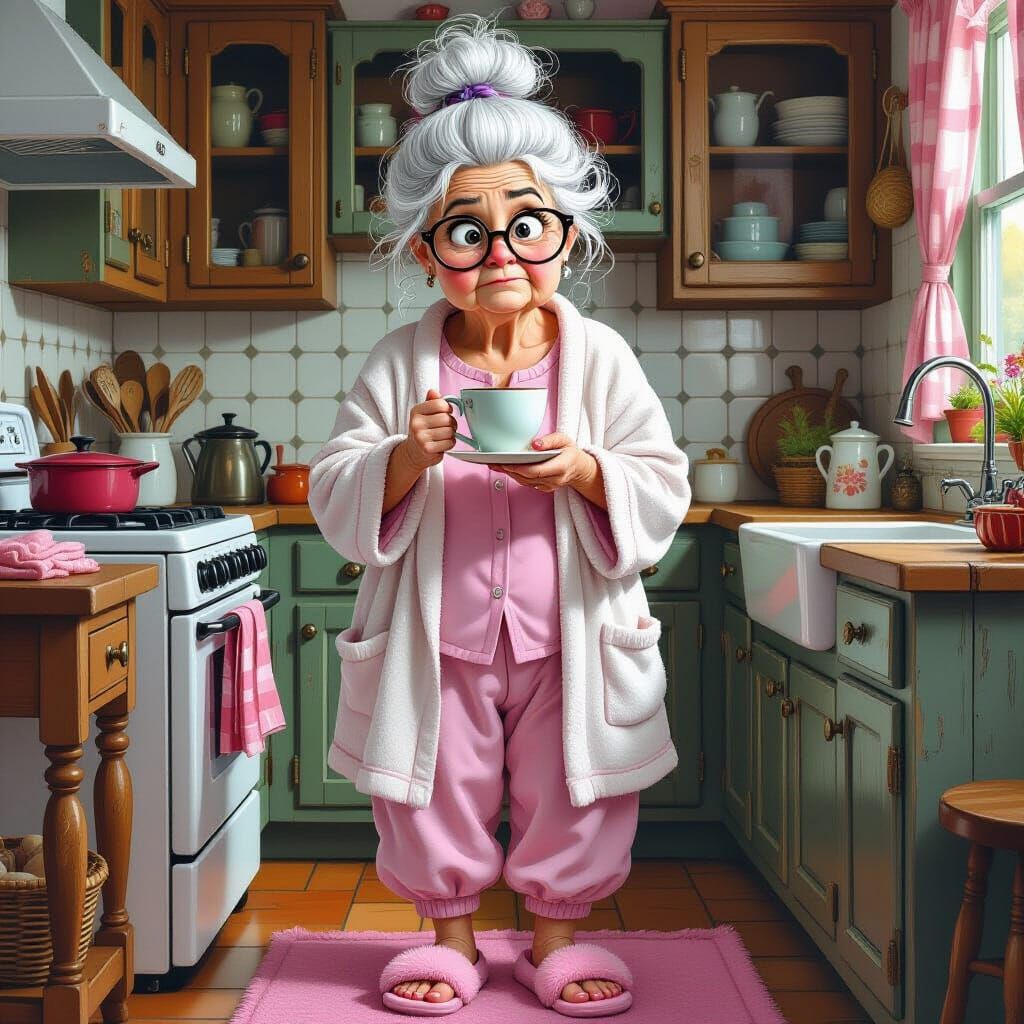 whimsical, airbrushed pretty grumpy old lady with white hair...