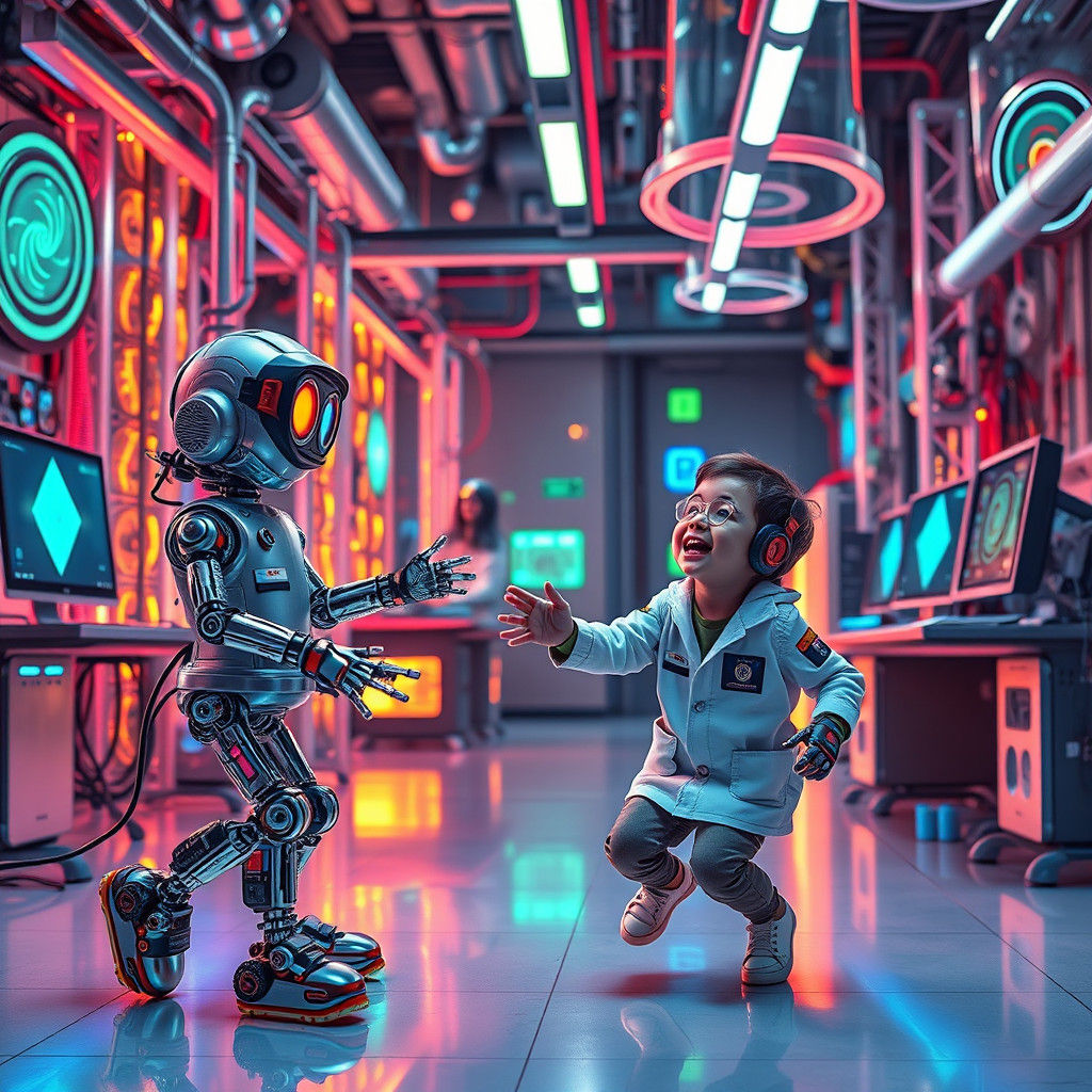 Androids Play Catch in Futuristic Lab, Pop Art Style